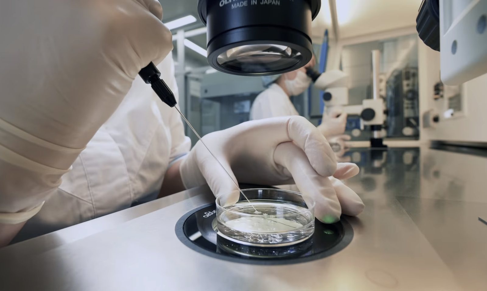 Gloved hands using a micromanipulator over a petri dish in a Draper lab